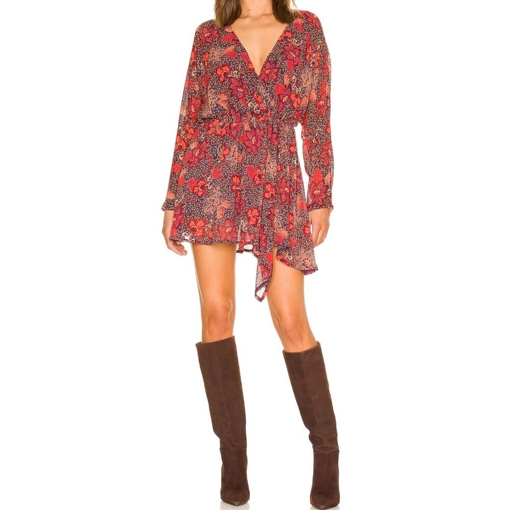 Free People Teegan Floral Print Long Sleeve Wrap Mini Dress Asymmetrical X-Small